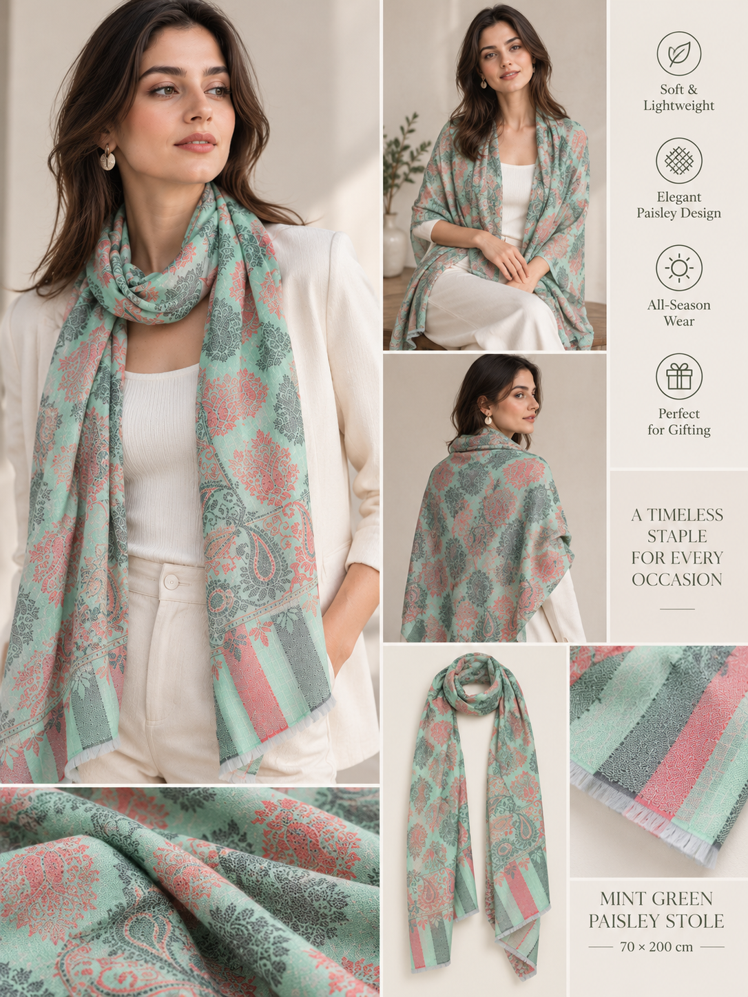 Mint Green Paisley Stole – Soft Lightweight Women's Wrap (70 × 200 cm)