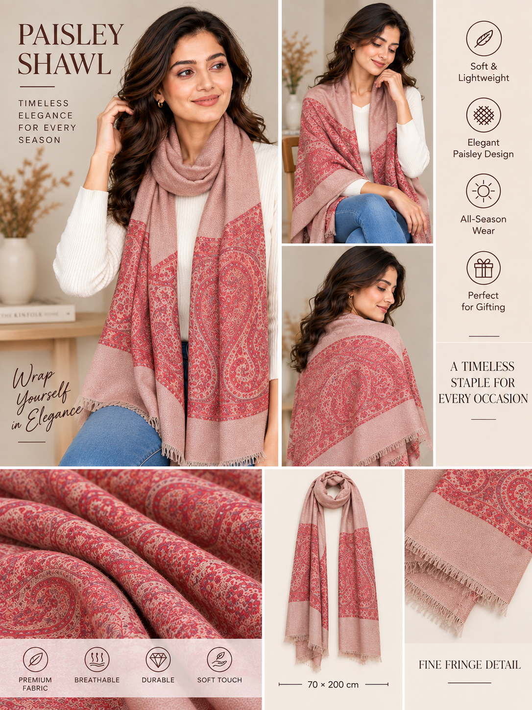 Dusty pink Soft Stole-Soft Lightweight Women's Wrap (70 × 200 cm)