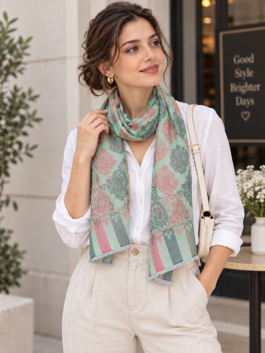 Mint Green Paisley Stole – Soft Lightweight Women's Wrap (70 × 200 cm)