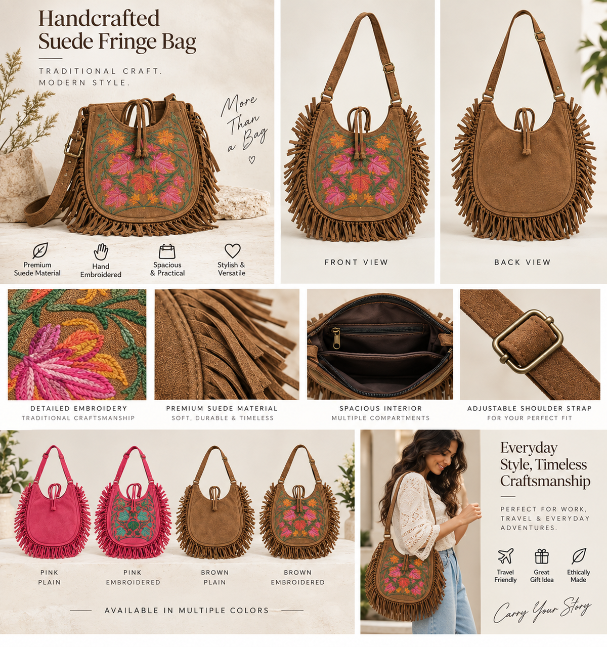 Hand Embroidered Suede Fringe Shoulder Bag – Boho Western Crossbody Purse