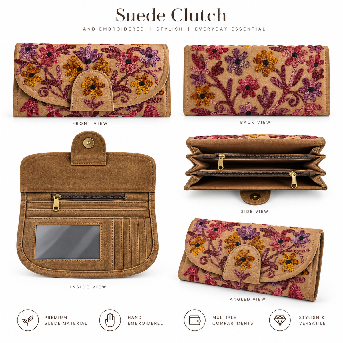 Hand Embroidered Suede Clutch Wallet