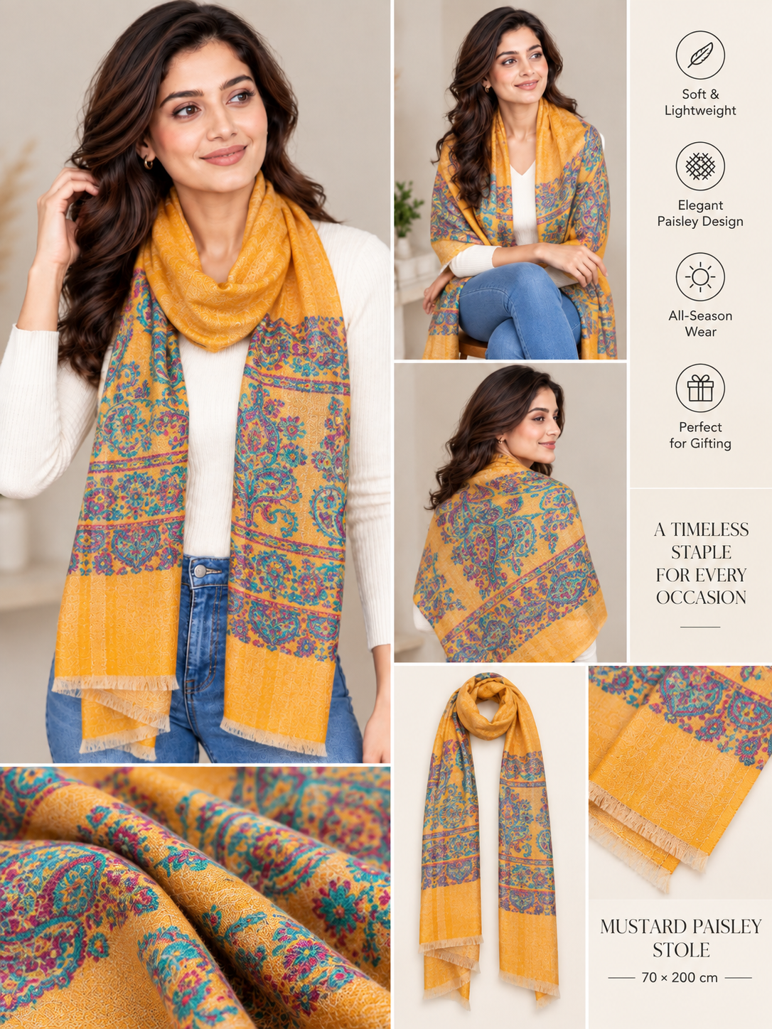 Mustard Paisley Soft Stole-Soft Lightweight Women's Wrap (70 × 200 cm)