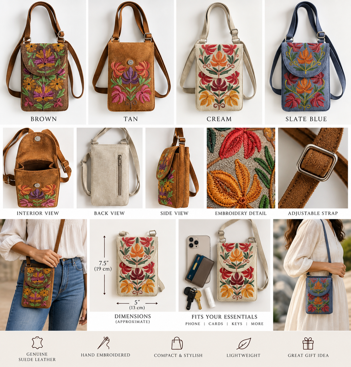 Hand Embroidered Suede Leather Phone Crossbody Bag for Women | Boho Floral Cell Phone Purse