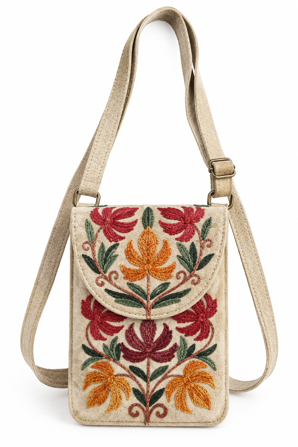 Hand Embroidered Suede Leather Phone Crossbody Bag for Women | Boho Floral Cell Phone Purse