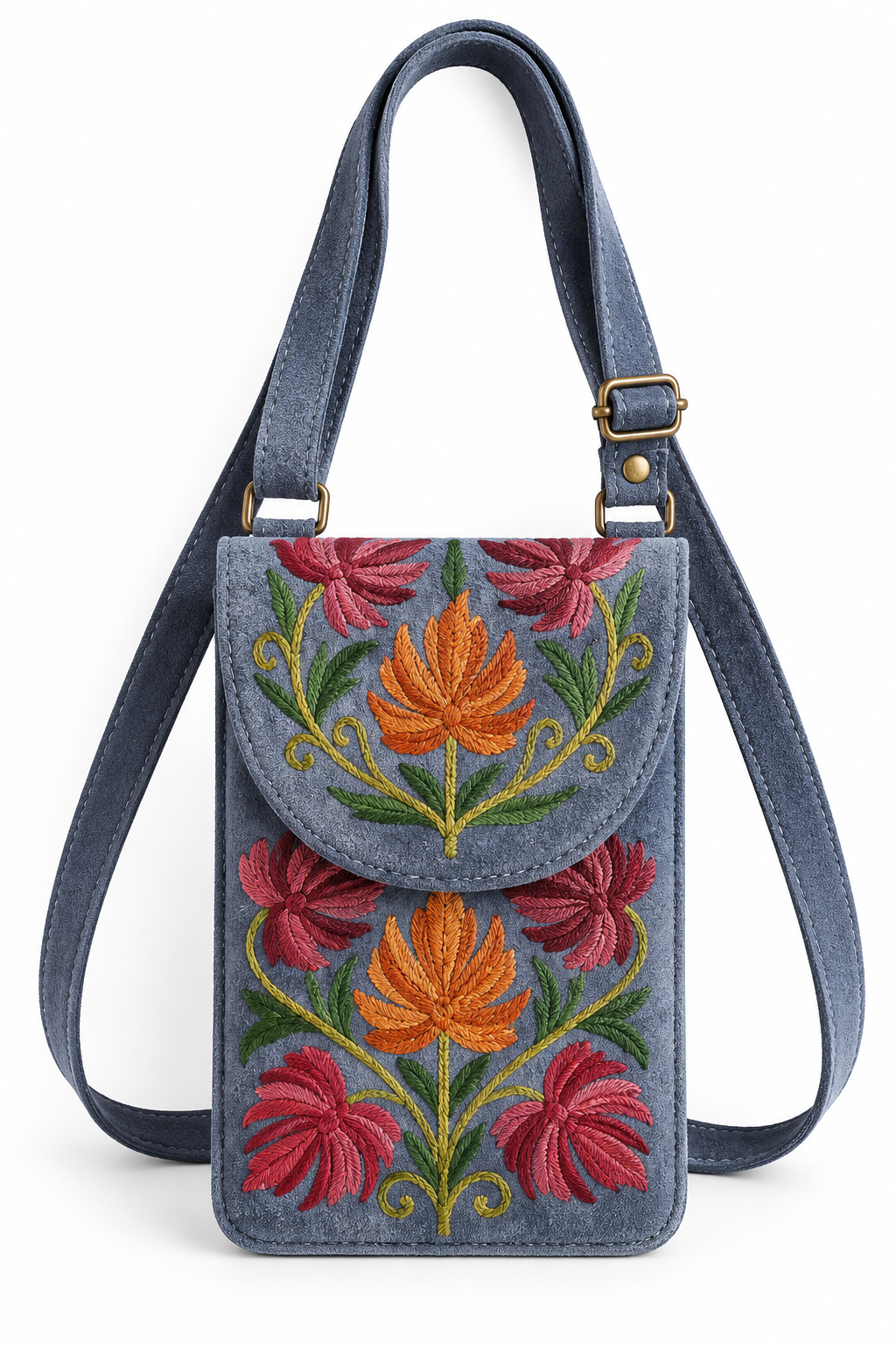Hand Embroidered Suede Leather Phone Crossbody Bag for Women | Boho Floral Cell Phone Purse