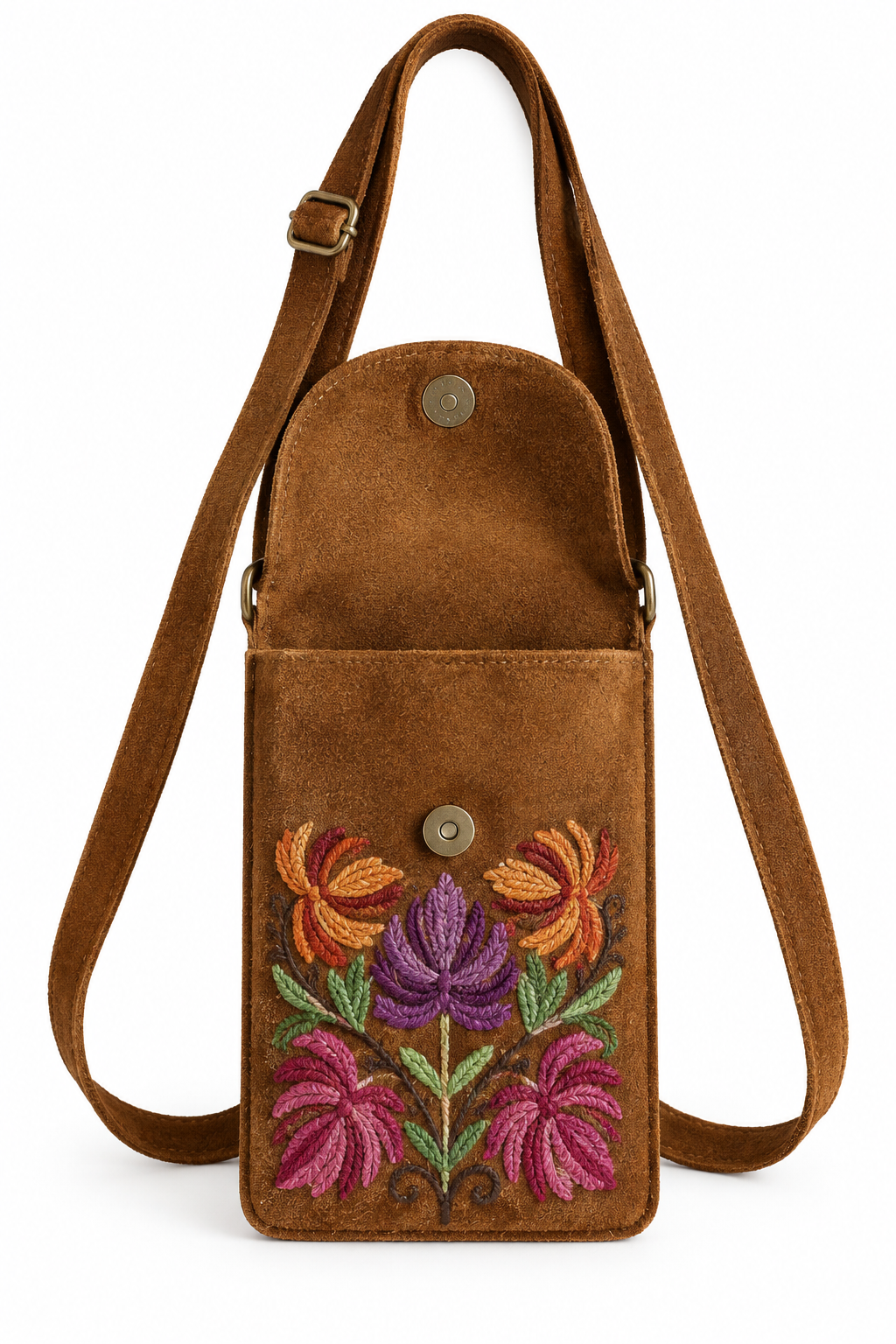 Hand Embroidered Suede Leather Phone Crossbody Bag for Women | Boho Floral Cell Phone Purse