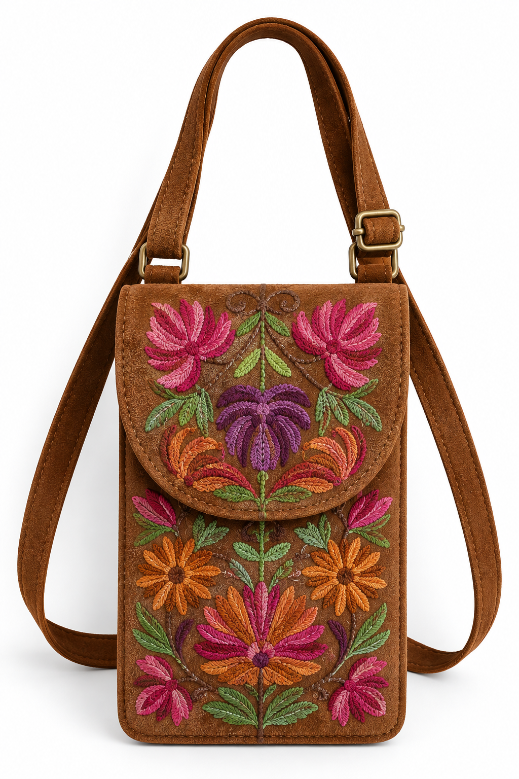 Hand Embroidered Suede Leather Phone Crossbody Bag for Women | Boho Floral Cell Phone Purse
